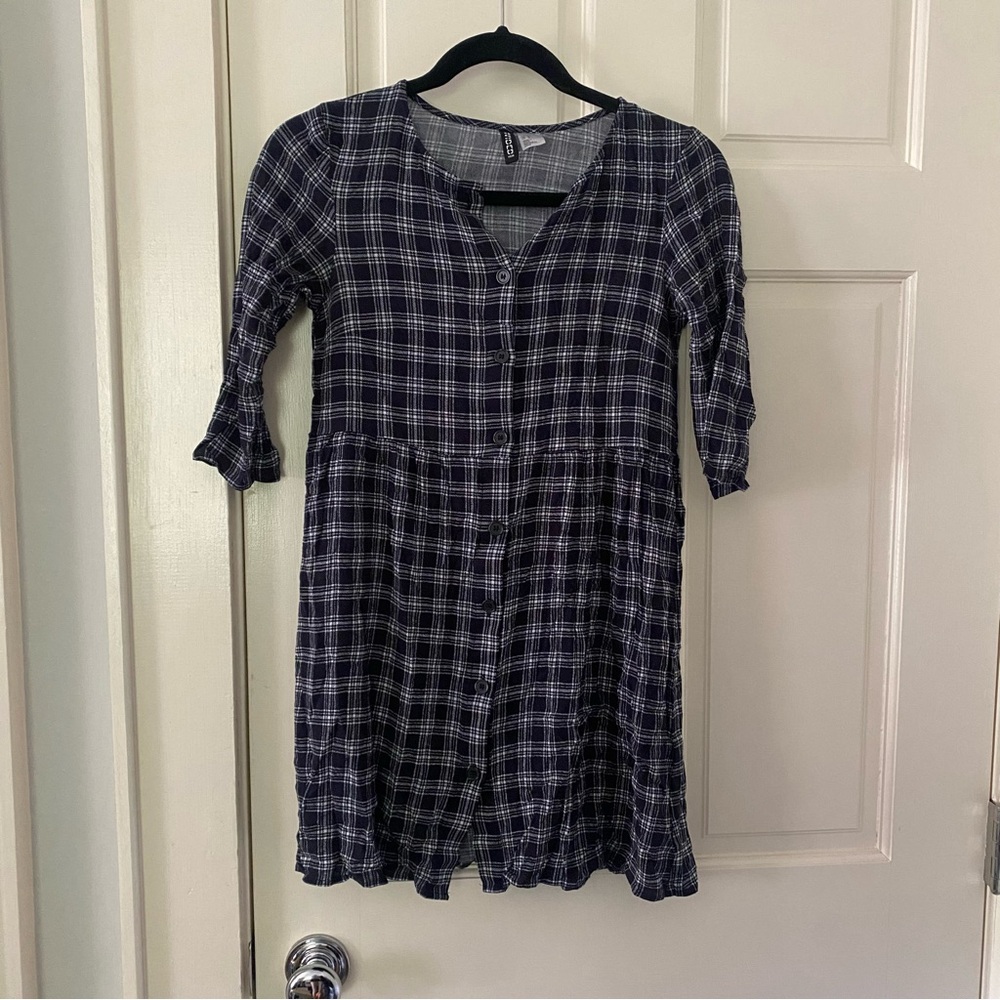 H&M Navy and White Plaid Babydoll Dress